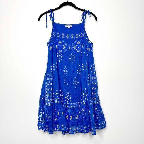 Juliet Dunn Peacock Mosaic Print Wave Blue Cotton Mini Dress Size 3 / Medium - Picture 2 of 11
